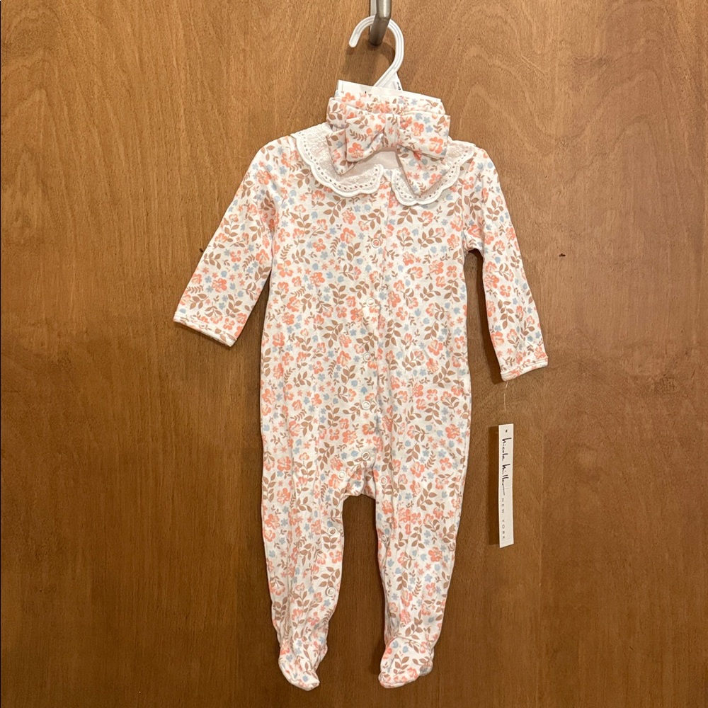NWT Nicole Miller Floral Footie with Collar and Matching Bow